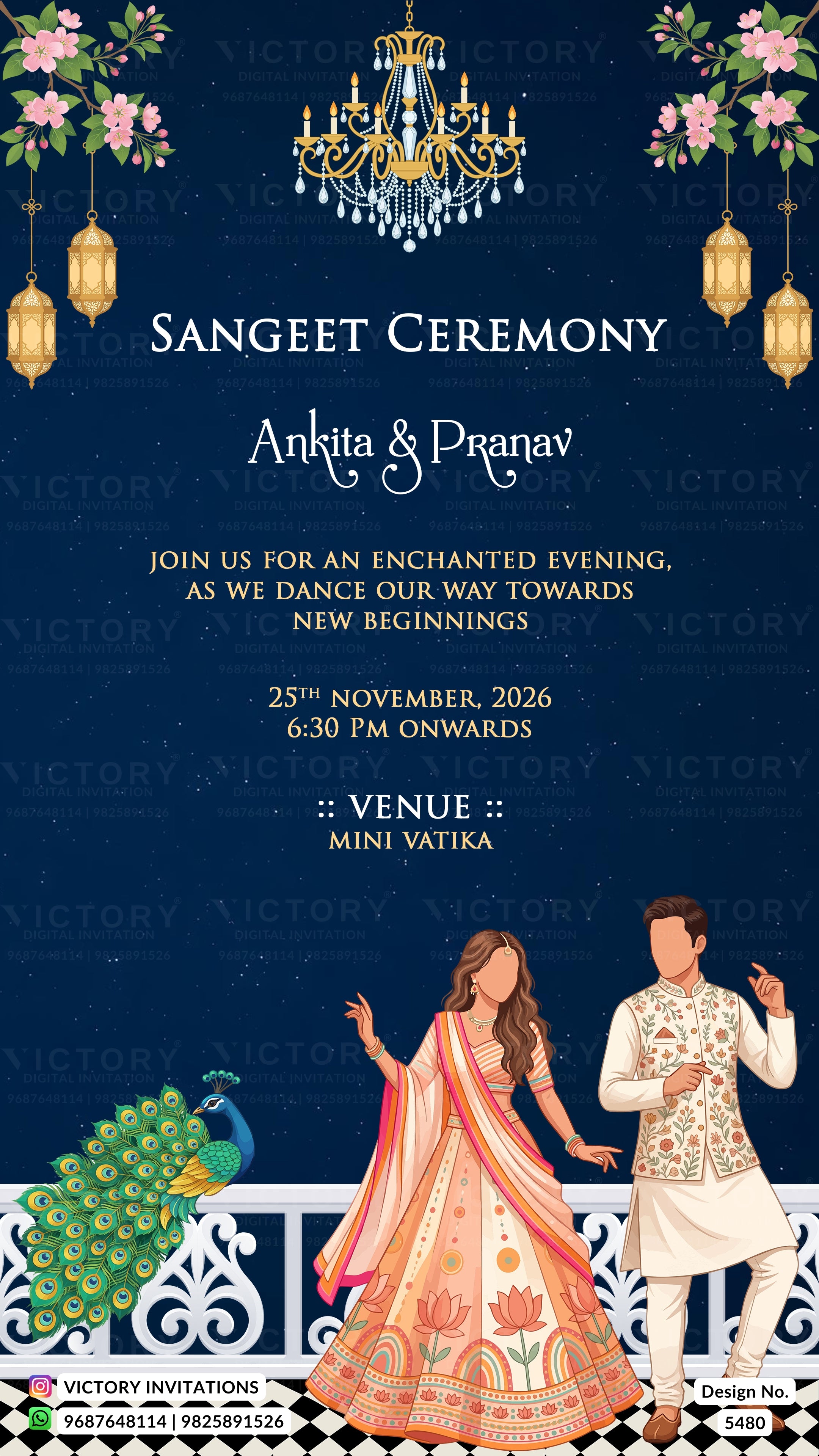 A digital Indian Sangeet Ceremony invitation card featuring a dark navy blue background with gold text, a chandelier illustration at the top, hanging lanterns, floral decorations, a peacock at the bottom left, and cartoon illustrations of a bride and groom at the bottom right.