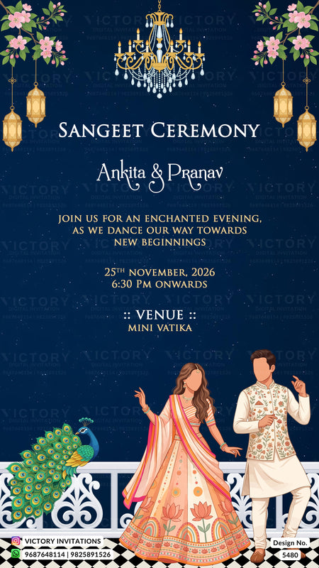 A digital Indian Sangeet Ceremony invitation card featuring a dark navy blue background with gold text, a chandelier illustration at the top, hanging lanterns, floral decorations, a peacock at the bottom left, and cartoon illustrations of a bride and groom at the bottom right.