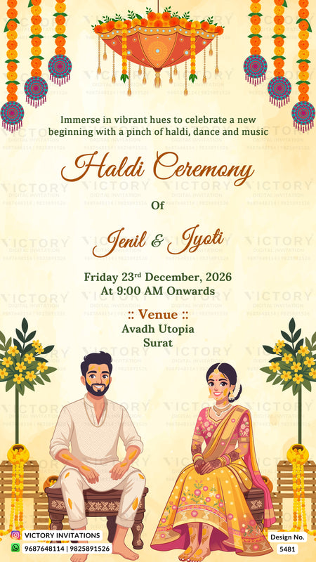 A digital invitation card for a Haldi Ceremony, featuring a traditional Indian festive design with hanging marigold garlands, a decorative canopy illustration at the top, and cartoon illustrations of a man and woman in traditional attire at the bottom. The text details the event for Jenil & Iyati on Friday 23rd December, 2026, at 9:00 AM in Avadh Utopia, Surat.