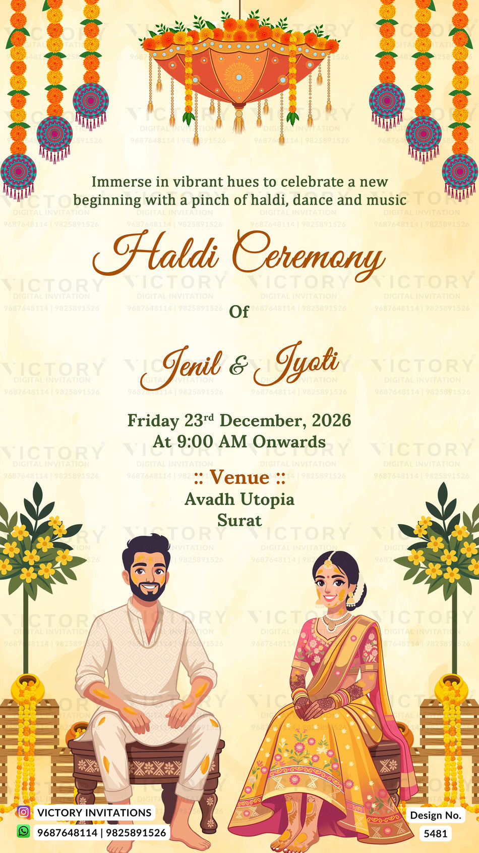 A digital invitation card for a Haldi Ceremony, featuring a traditional Indian festive design with hanging marigold garlands, a decorative canopy illustration at the top, and cartoon illustrations of a man and woman in traditional attire at the bottom. The text details the event for Jenil & Iyati on Friday 23rd December, 2026, at 9:00 AM in Avadh Utopia, Surat.