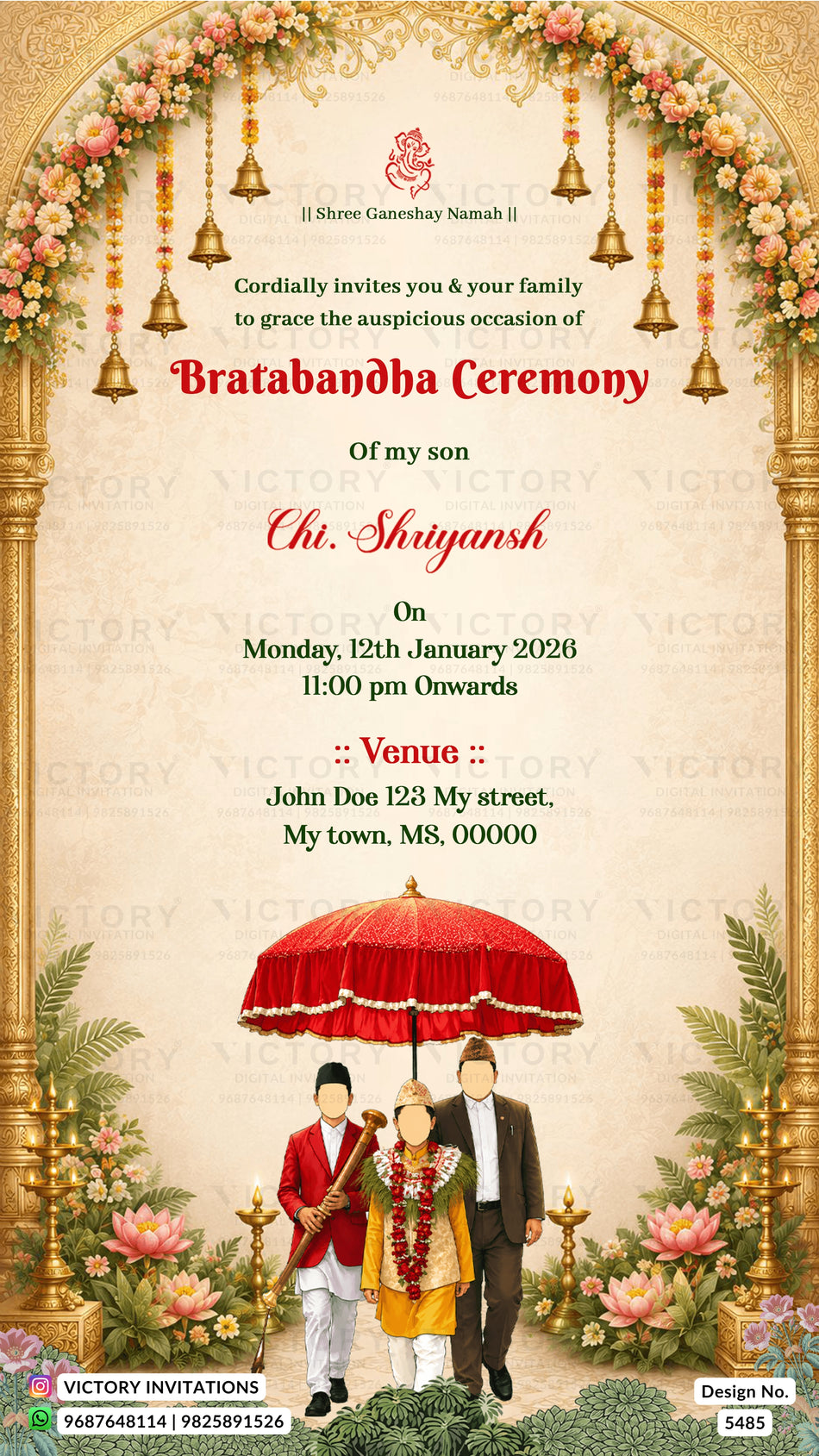 A digital preview of a Bratlabodha Ceremony invitation card. The design features a traditional Indian wedding theme with a golden arch decorated with flowers and hanging bells, red and green text on a cream background, and an illustration of a traditional wedding procession with a red umbrella and a bride and groom.