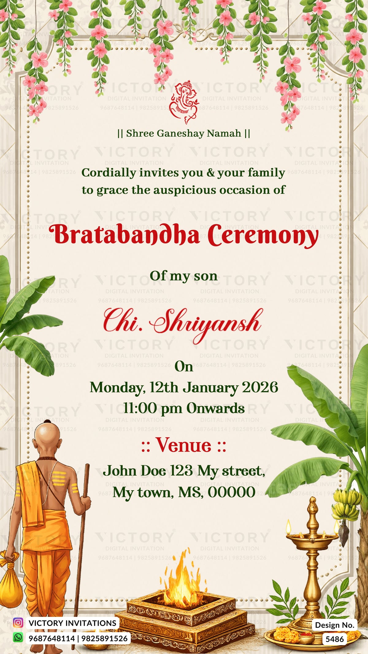 A digital invitation card for a Bratabandha Ceremony, featuring a cream-colored background with a central border, pink floral vine decorations at the top, green banana leaves on the sides, and illustrations of a Hindu priest, a brass lamp, and a fire altar at the bottom.