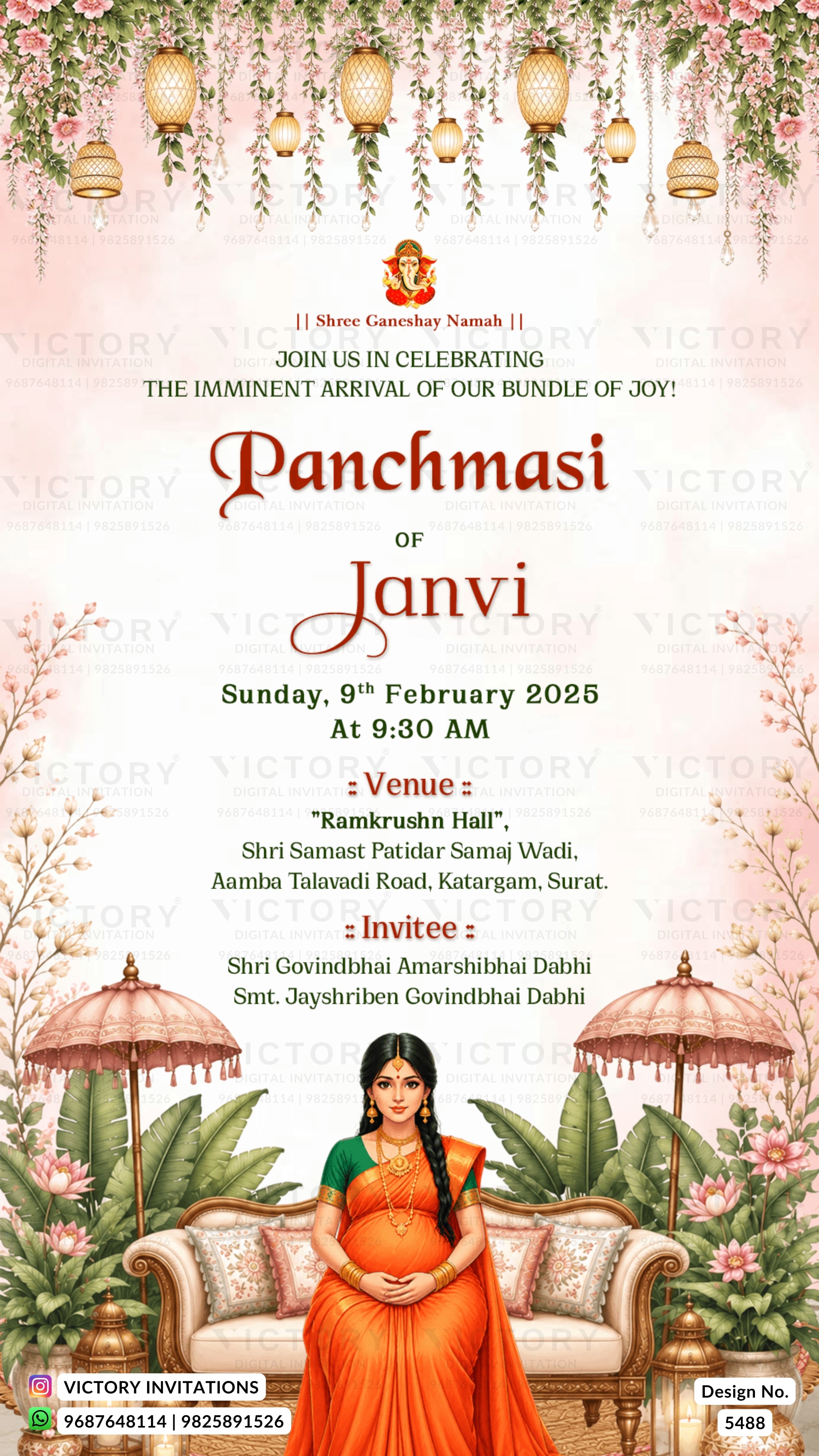 A festive Panchmasi invitation card for Janvi, featuring a soft pink and cream background with hanging lanterns, floral garlands, and a seated pregnant woman in an orange saree. The card includes event details, venue, and invitee information, with the Victory Invitations logo at the bottom.