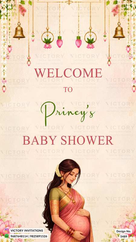 Digital invitation template for a baby shower featuring the text 'WELCOME TO Princy's BABY SHOWER' in pink and green fonts, decorated with hanging gold bells, pink lotus flowers, and a pregnant woman in a pink saree at the bottom.