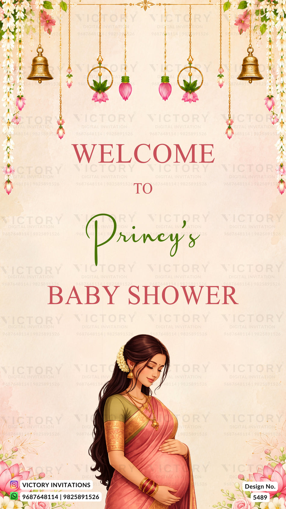Digital invitation template for a baby shower featuring the text 'WELCOME TO Princy's BABY SHOWER' in pink and green fonts, decorated with hanging gold bells, pink lotus flowers, and a pregnant woman in a pink saree at the bottom.