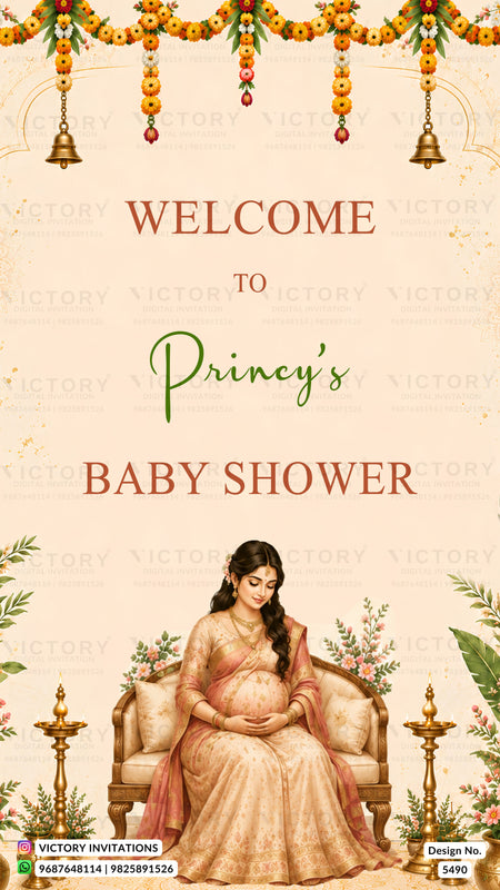 A baby shower invitation card design with the text 'WELCOME TO Princy's BABY SHOWER' on a warm beige background, decorated with floral garlands, hanging bells, and an illustration of a pregnant woman seated on a cushioned chair.