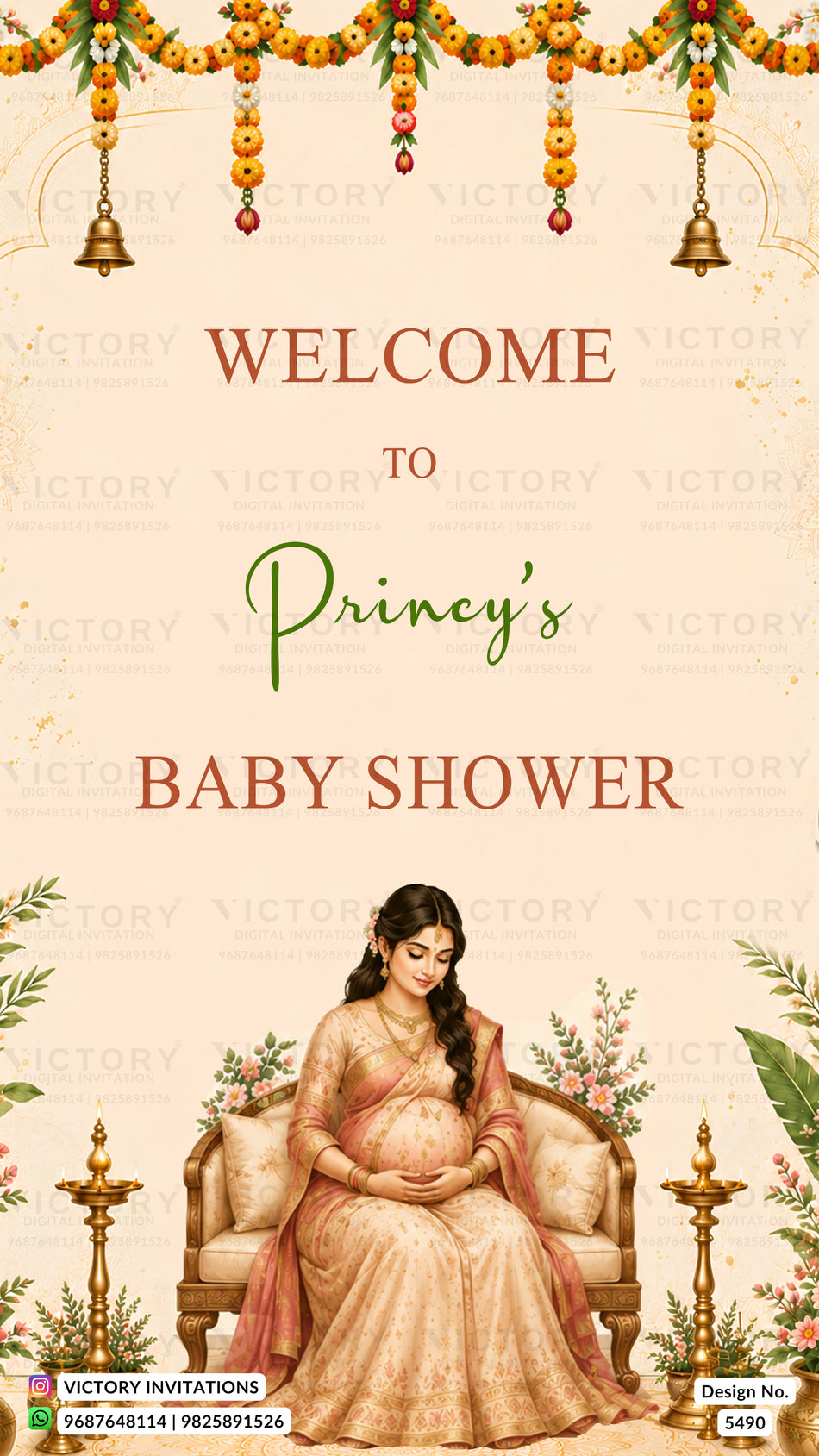 A baby shower invitation card design with the text 'WELCOME TO Princy's BABY SHOWER' on a warm beige background, decorated with floral garlands, hanging bells, and an illustration of a pregnant woman seated on a cushioned chair.