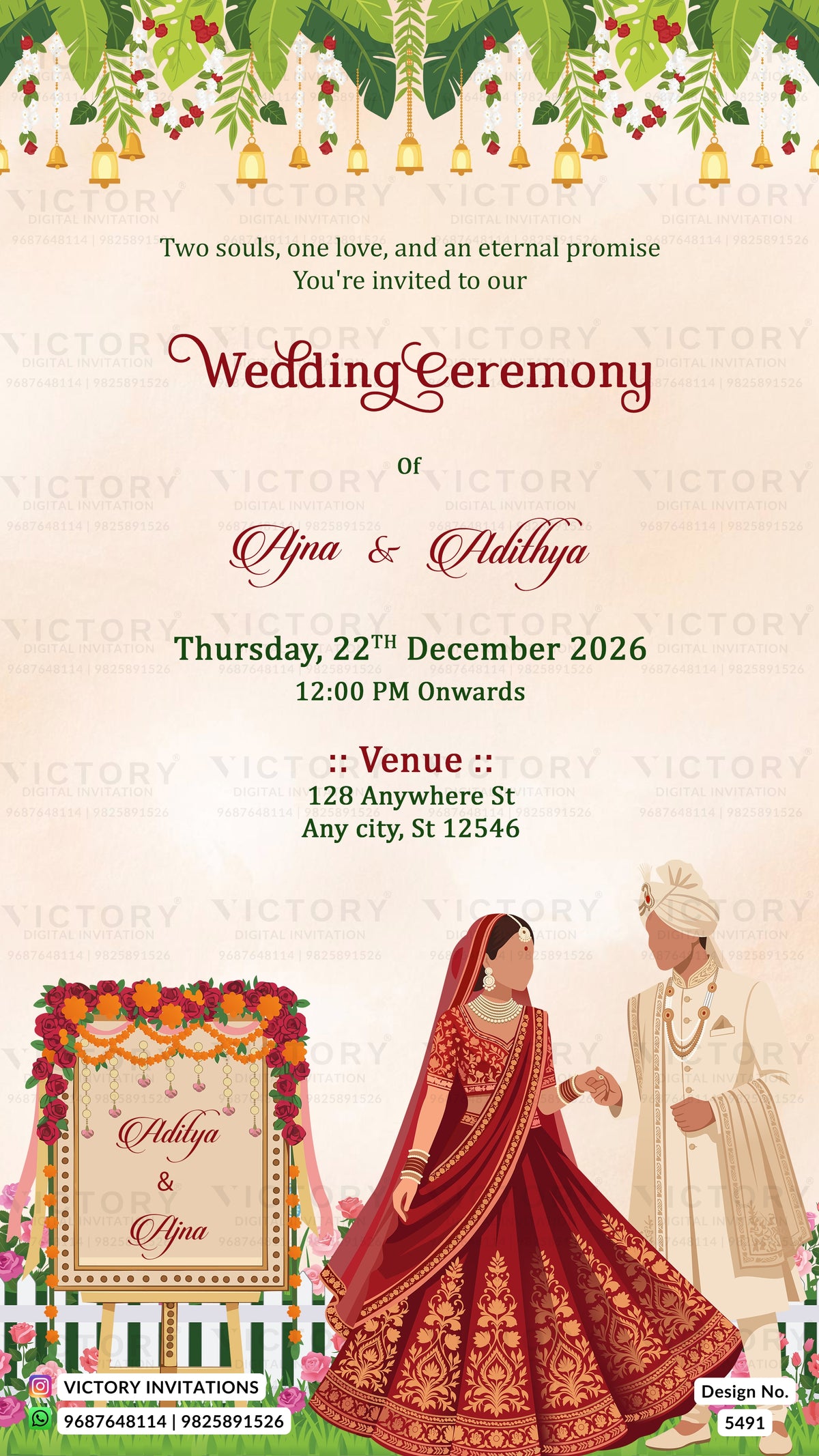 A digital wedding invitation card featuring a cream background with elegant red and black typography for a wedding ceremony. The top is decorated with hanging green leaves, golden bells, and flowers, while the bottom features an illustration of a bride in a red and gold traditional Indian dress and a groom in a white kurta.