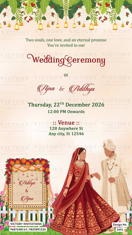 A digital wedding invitation card featuring a cream background with elegant red and black typography for a wedding ceremony. The top is decorated with hanging green leaves, golden bells, and flowers, while the bottom features an illustration of a bride in a red and gold traditional Indian dress and a groom in a white kurta.