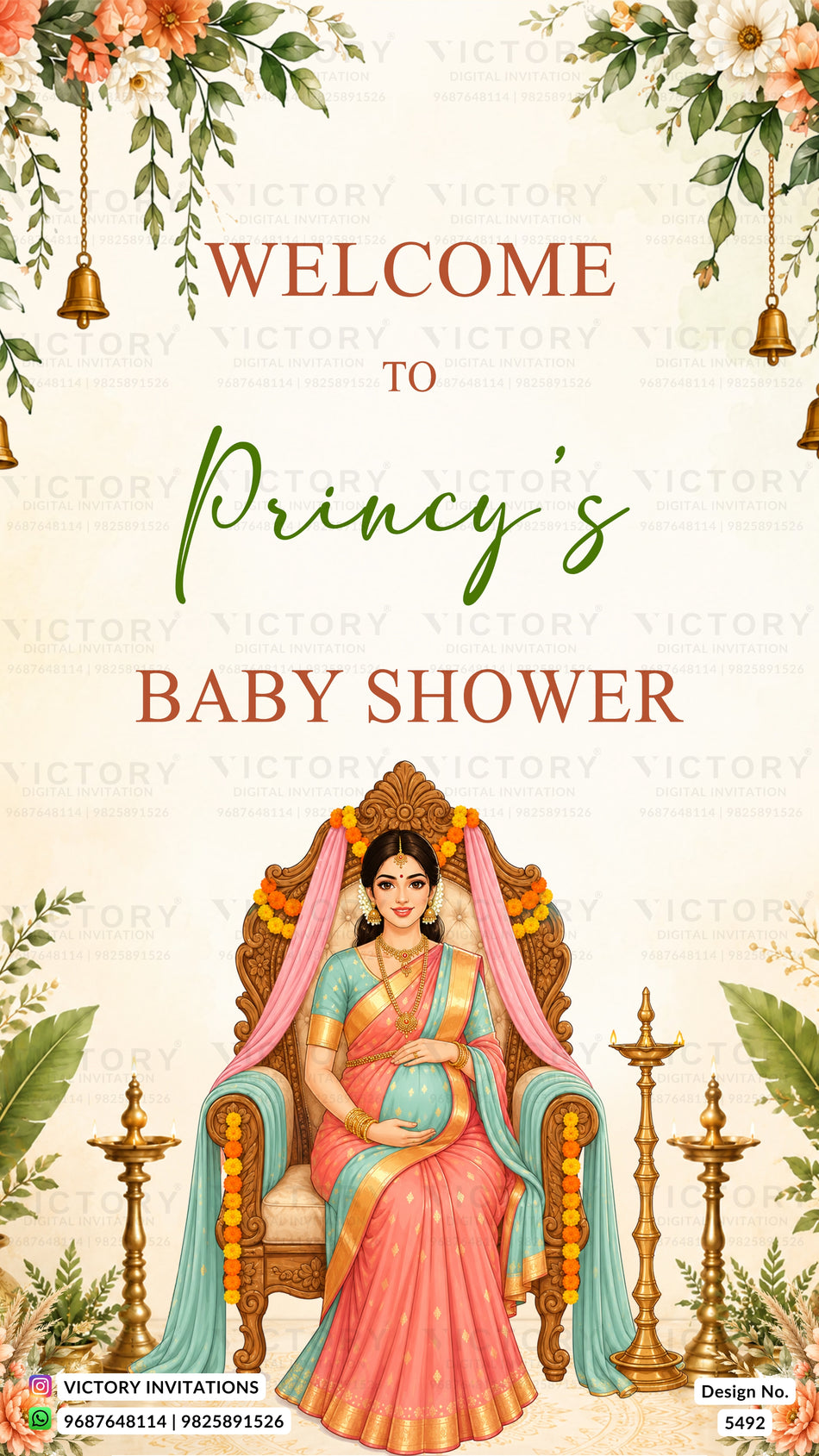 A decorative baby shower invitation design with the text 'WELCOME TO Princy's BABY SHOWER' on a cream background, floral corner accents, hanging bells, and an illustration of a seated woman in a pink and teal sari.