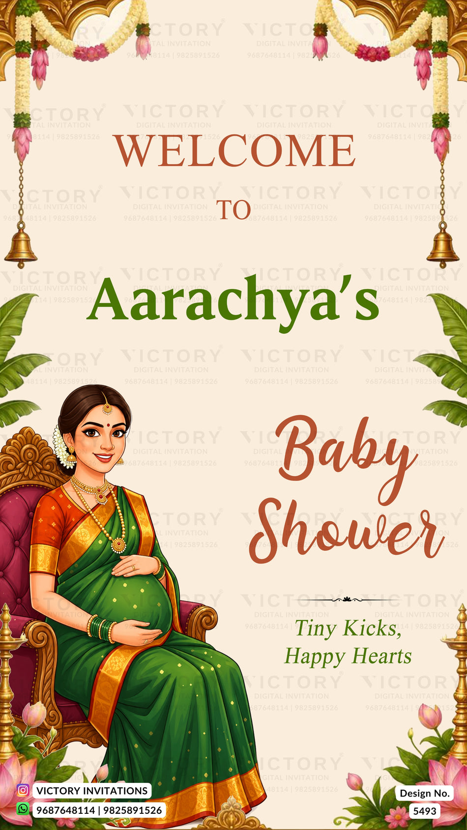 Custom baby shower invitation card featuring a pregnant woman in a green saree seated on a gold throne, with decorative garlands and text reading 'WELCOME TO Aarachya's Baby Shower' on a cream background.