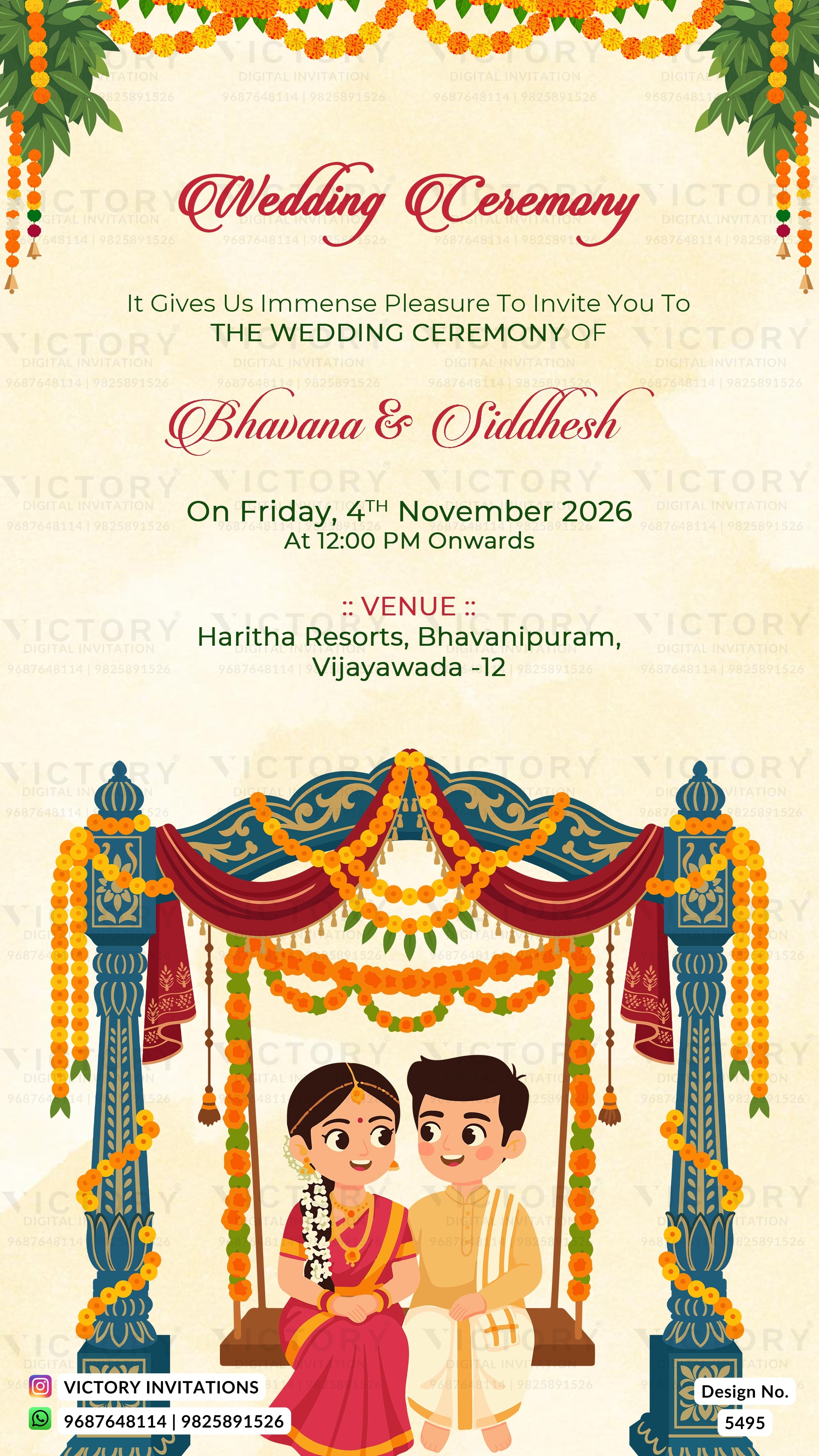 A digital Indian wedding invitation card featuring a traditional wedding arch illustration with a bride and groom sitting on a swing, decorated with marigold garlands and red drapery. The text details the wedding of Bhavana & Siddhesh on Friday, 4th November 2026, at 12:00 PM, held at Haritha Resorts, Bhavanimur, Vijayawada-12.