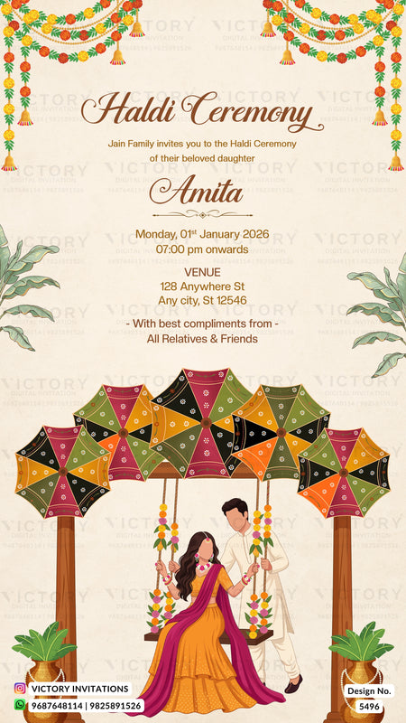 A festive Haldi Ceremony invitation card featuring a cream background decorated with colorful garlands, hanging bells, and illustrated traditional umbrellas. The central text reads 'Haldi Ceremony' and 'Amita' with event details below, and the bottom shows a cartoon couple in traditional Indian clothing under the umbrellas, with 'VICTORY INVITATIONS' branding at the bottom.