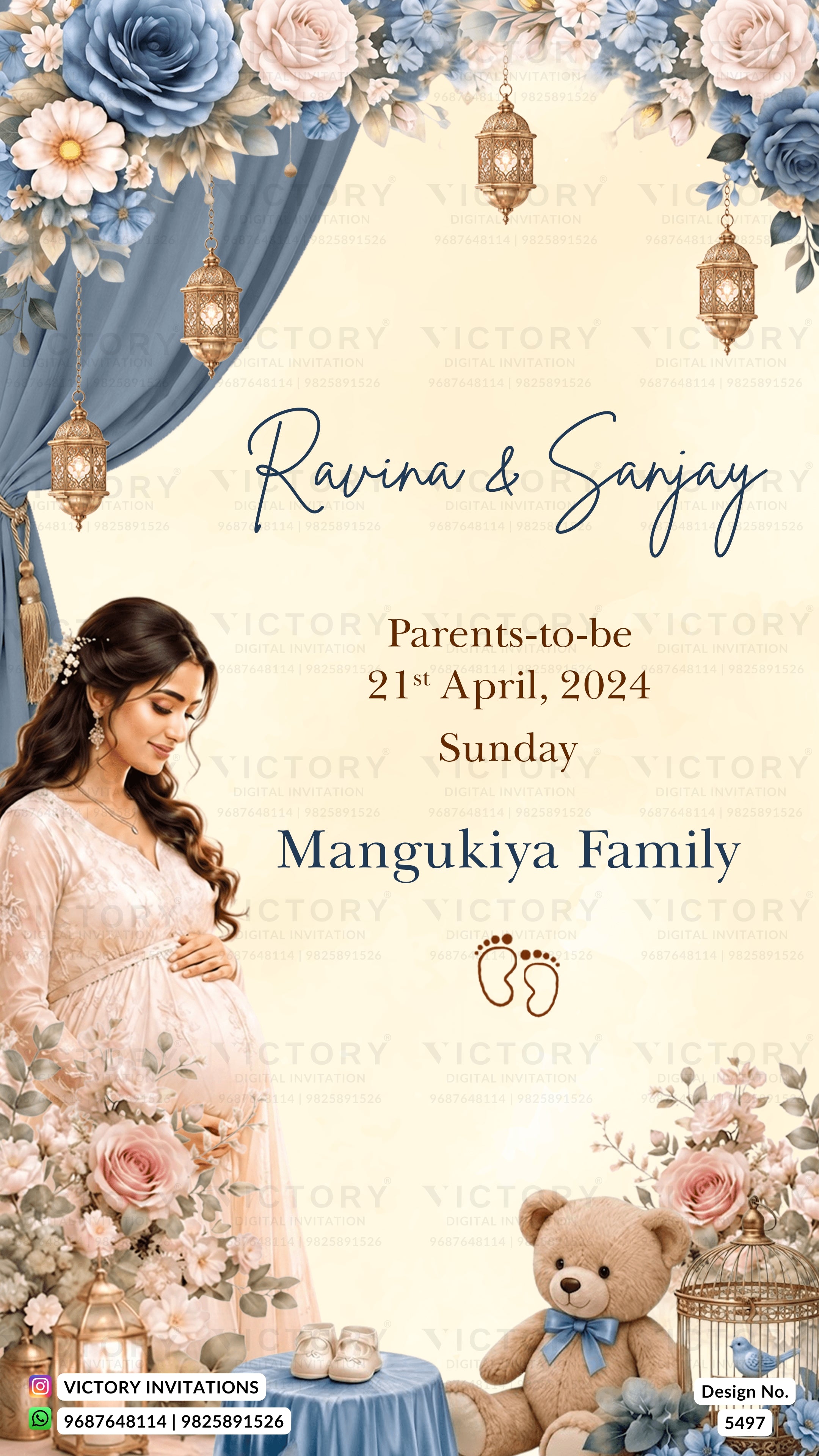 A decorative wedding invitation card design featuring a pregnant woman in a light pink gown, floral arrangements in blue and pink, hanging lanterns, baby shoes, a teddy bear, and printed text reading 'Ravina & Sanjay,' 'Parents-to-be 21st April, 2024 Sunday,' and 'Mangukiya Family.'.