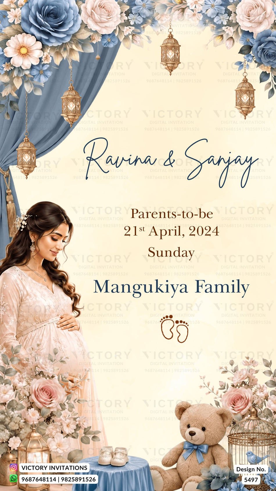 A decorative wedding invitation card design featuring a pregnant woman in a light pink gown, floral arrangements in blue and pink, hanging lanterns, baby shoes, a teddy bear, and printed text reading 'Ravina & Sanjay,' 'Parents-to-be 21st April, 2024 Sunday,' and 'Mangukiya Family.'.