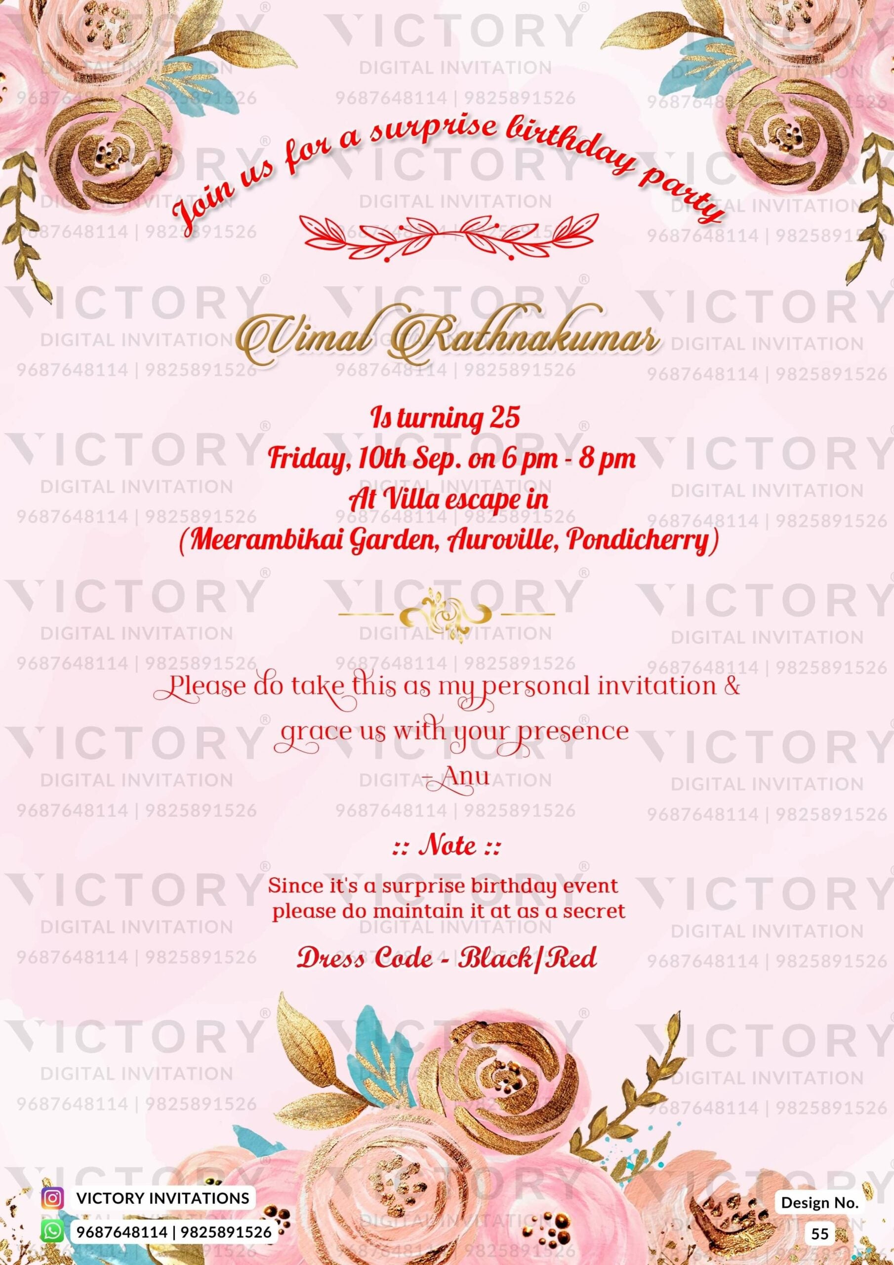 Birthday party invitation card in English language with flowers as floral theme design 55