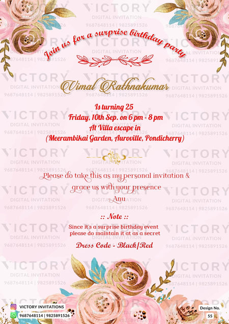 Birthday party invitation card in English language with flowers as floral theme design 55