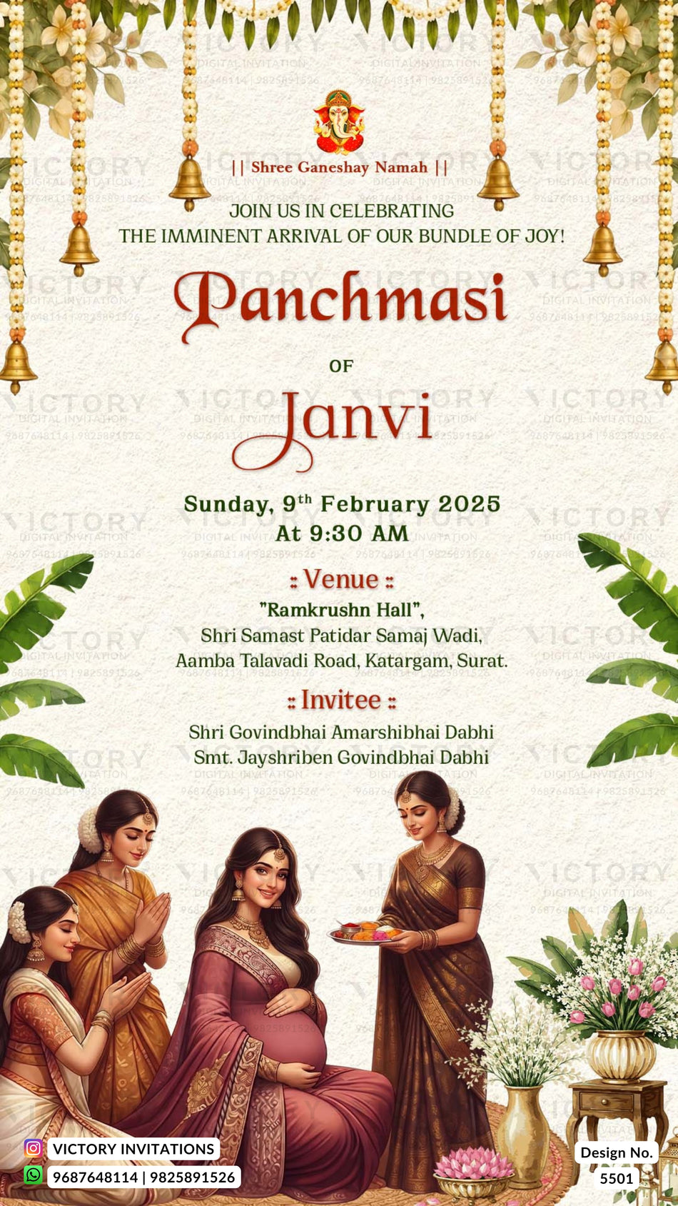 A festive Panchmasi invitation card for Shri Ganeshay Namah, featuring elegant red and gold typography on a cream background, decorated with hanging bells, green leaves, and traditional Indian illustrations of women in saris.