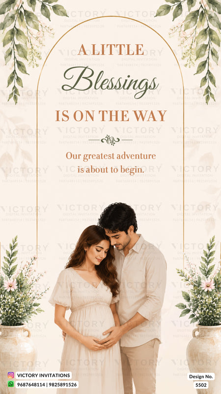 A maternity announcement card design featuring a couple with a baby bump, surrounded by green foliage and potted plants. The text reads 'A LITTLE Blessings IS ON THE WAY' with 'Our greatest adventure is about to begin.