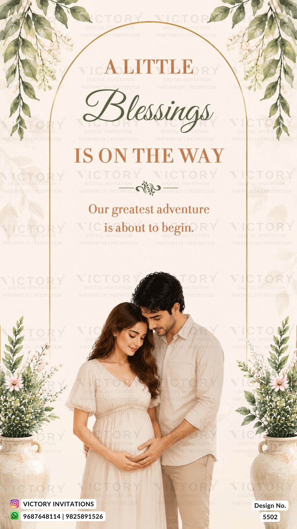 A maternity announcement card design featuring a couple with a baby bump, surrounded by green foliage and potted plants. The text reads 'A LITTLE Blessings IS ON THE WAY' with 'Our greatest adventure is about to begin.