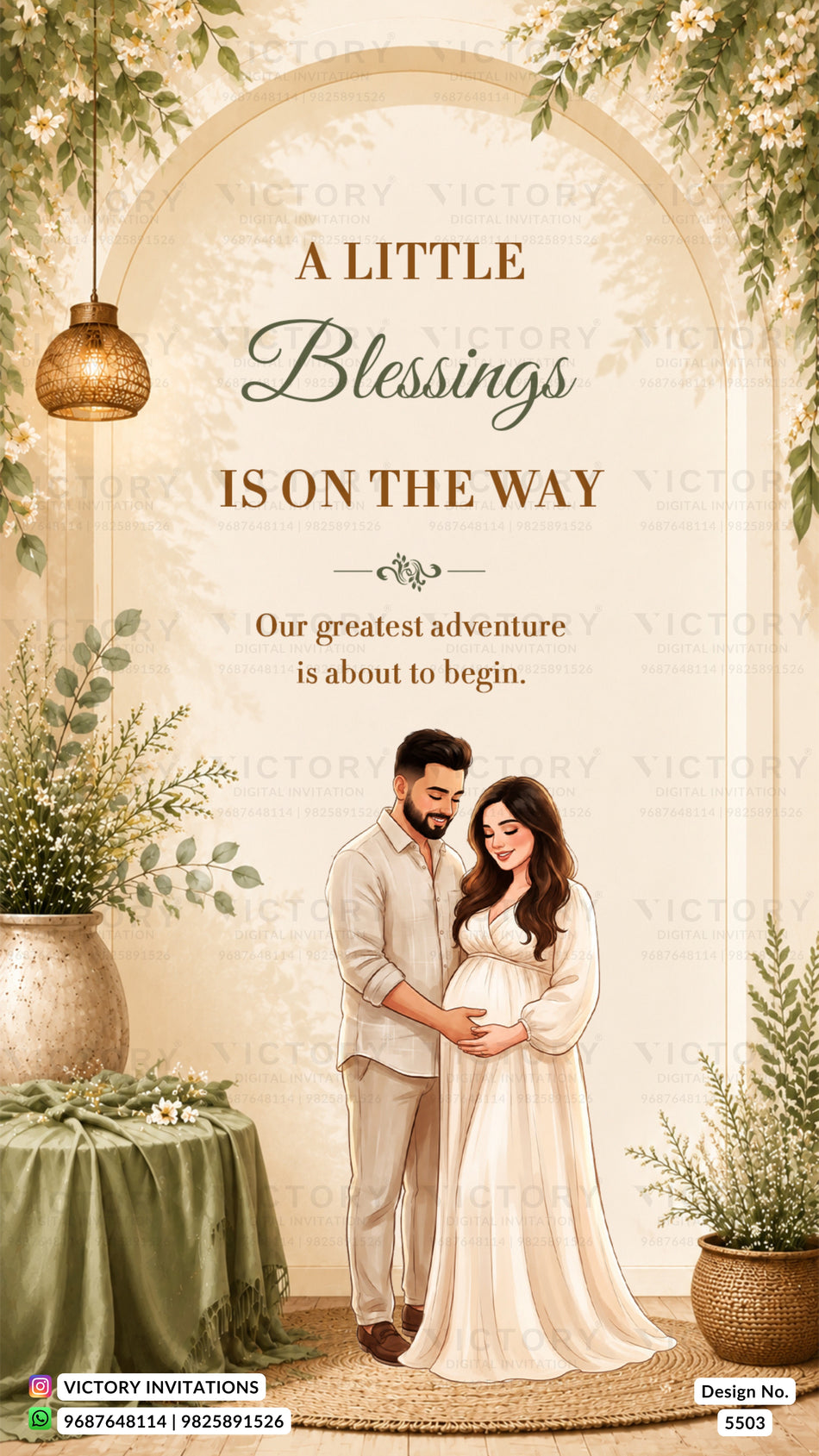 A wedding invitation card design featuring a couple standing together in front of an arched floral backdrop. The text reads 'A Little Blessings Is On The Way' and 'Our greatest adventure is about to begin.