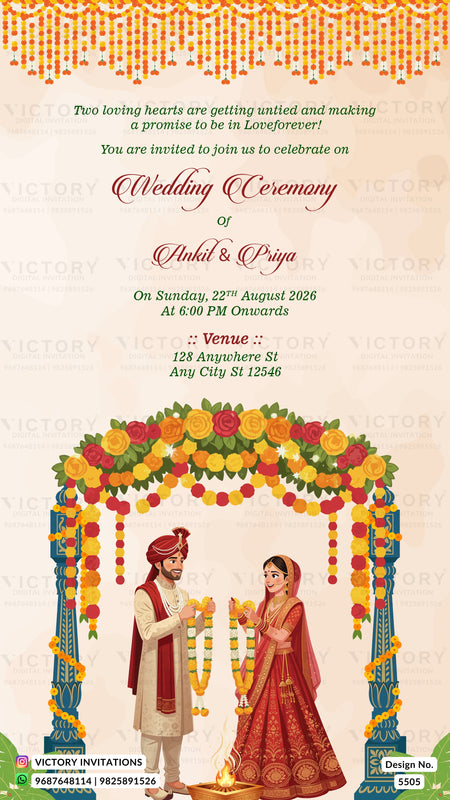 A digital Indian wedding invitation card featuring a traditional floral arch illustration with a bride and groom, set against a warm cream background with orange and yellow decorative borders.