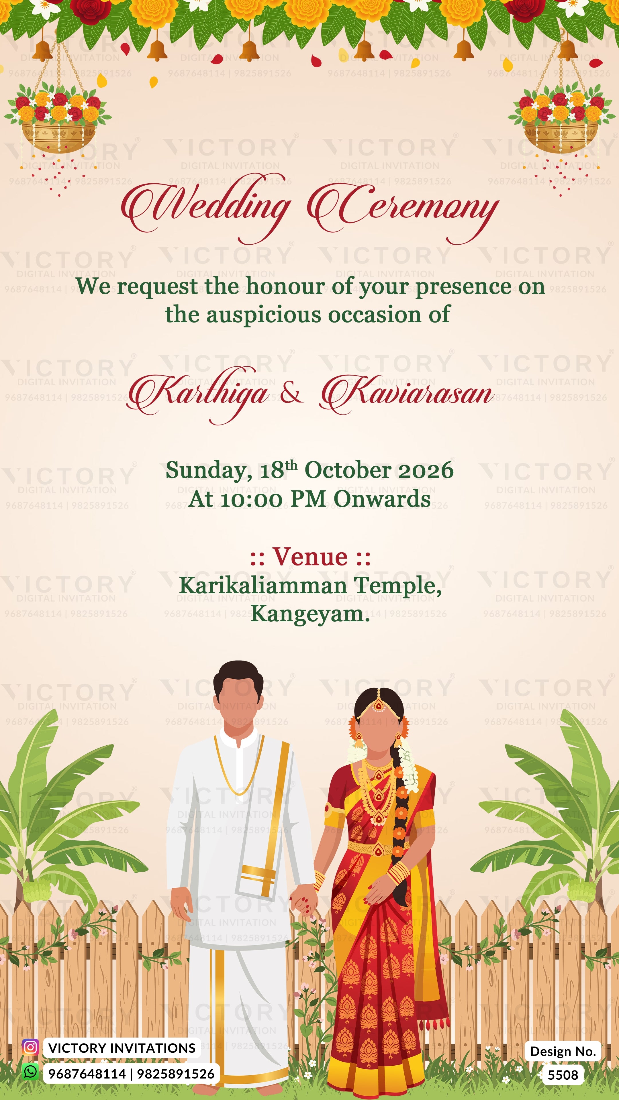 A digital Indian wedding invitation card featuring a festive design with hanging floral garlands, a traditional couple illustration, and event details on a warm cream background with 'VICTORY' watermarks.