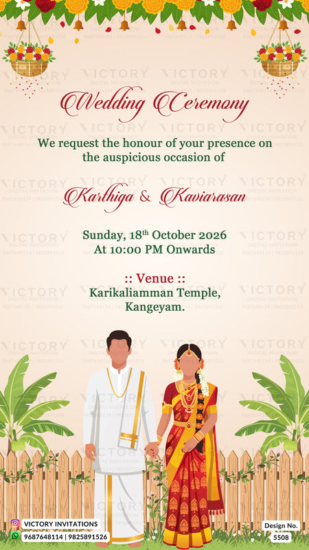 A digital Indian wedding invitation card featuring a festive design with hanging floral garlands, a traditional couple illustration, and event details on a warm cream background with 'VICTORY' watermarks.