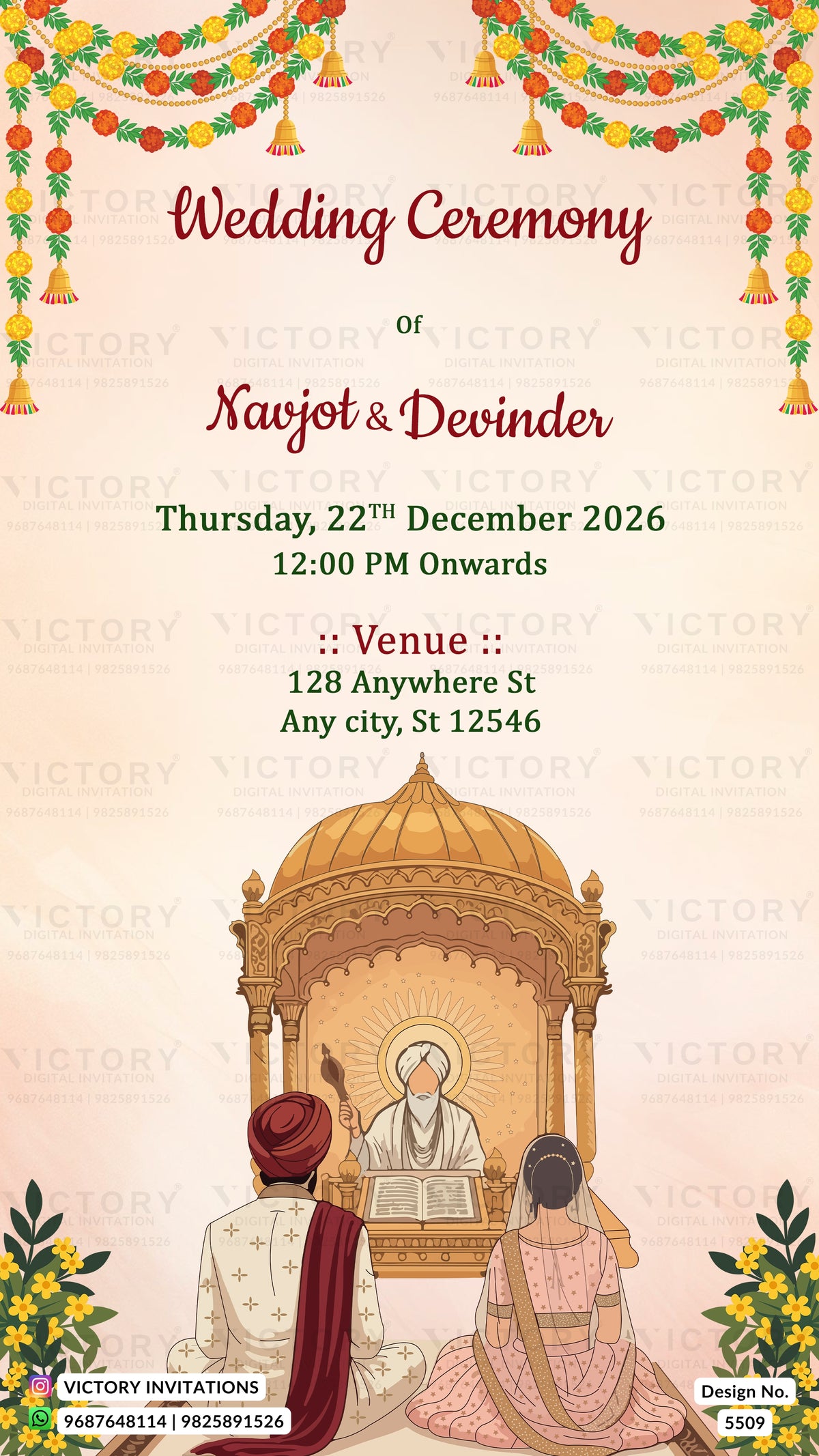 A digital wedding invitation card template featuring a traditional Indian wedding ceremony design. The card has a warm beige background decorated with festive garlands at the top, elegant red and green text for 'Wedding Ceremony of Kavjit & Devinder', and an illustration of a traditional mandapa with a bride and groom under a golden domed pavilion at the bottom.