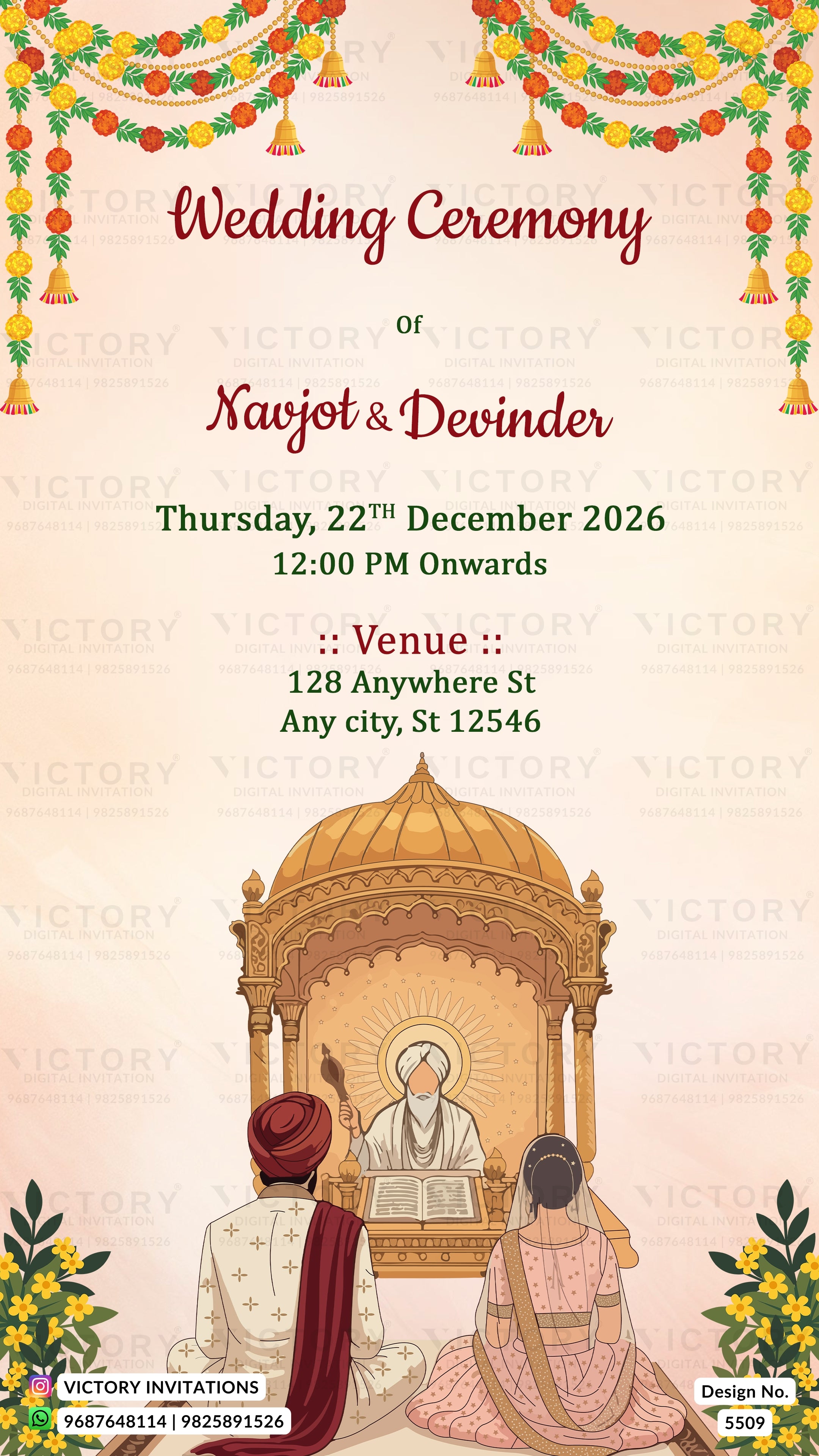 A digital wedding invitation card template featuring a traditional Indian wedding ceremony design. The card has a warm beige background decorated with festive garlands at the top, elegant red and green text for 'Wedding Ceremony of Kavjit & Devinder', and an illustration of a traditional mandapa with a bride and groom under a golden domed pavilion at the bottom.