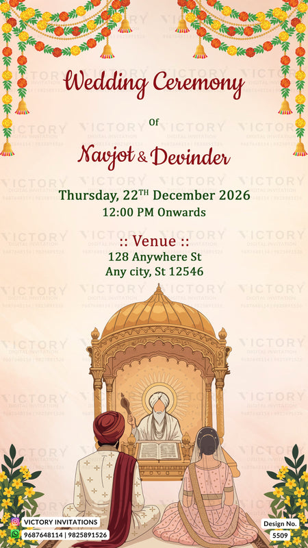 A digital wedding invitation card template featuring a traditional Indian wedding ceremony design. The card has a warm beige background decorated with festive garlands at the top, elegant red and green text for 'Wedding Ceremony of Kavjit & Devinder', and an illustration of a traditional mandapa with a bride and groom under a golden domed pavilion at the bottom.