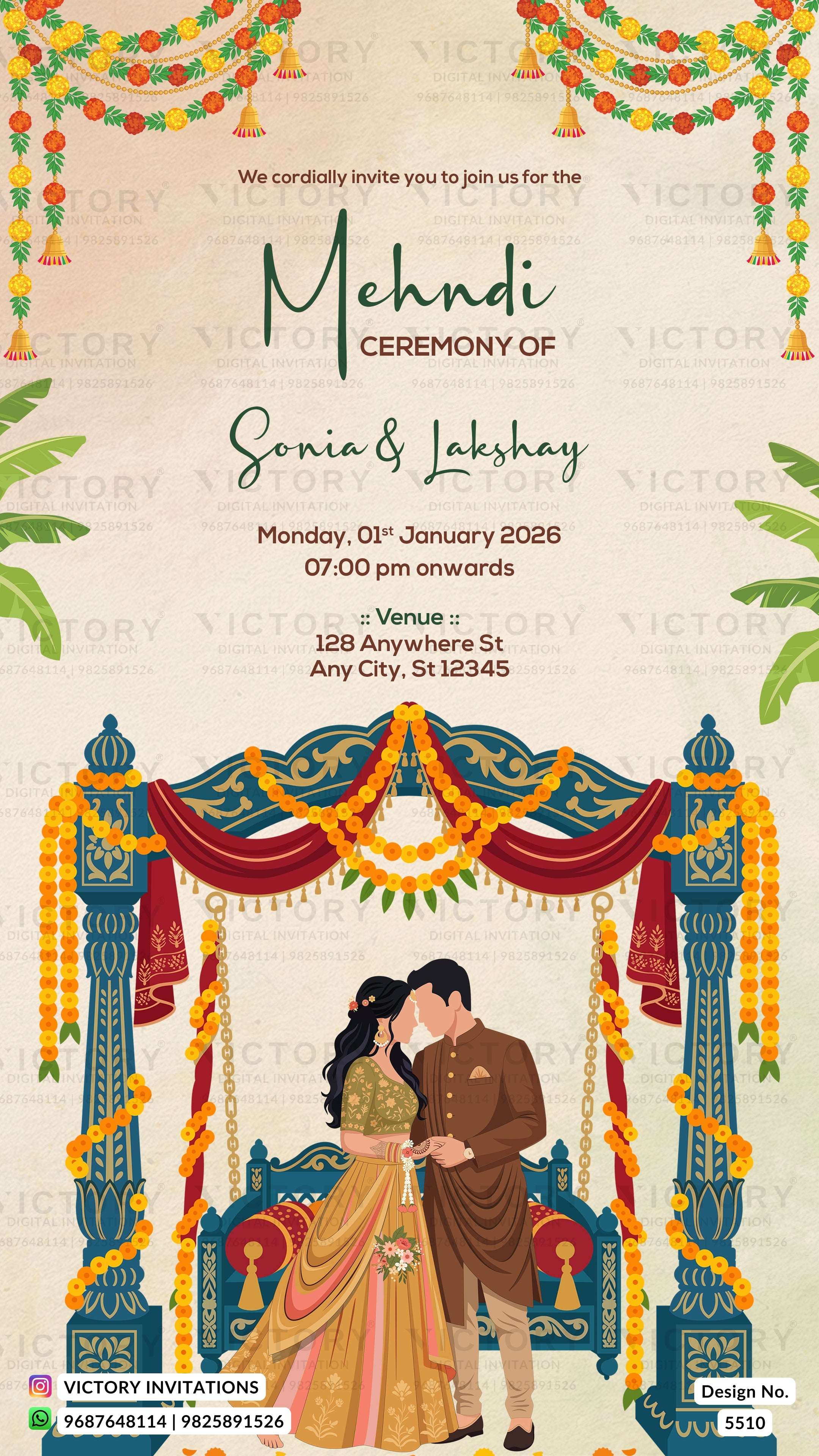 A festive Mehndi ceremony invitation card featuring an ornate traditional Indian wedding scene with a couple under a decorated arch, surrounded by marigold garlands and decorative borders. The text reads 'Mehndi Ceremony of Sonia & Lakshay' with event details below on a cream background.
