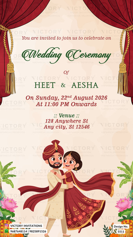 A digital wedding invitation card template featuring a traditional Indian theme. The design has a warm beige background with red curtains at the top, green and red text for the wedding details of Heet & Aesha, and an illustration of a happily dancing couple in traditional attire at the bottom.