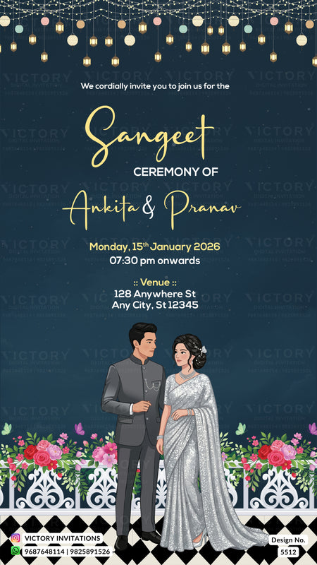 A digital invitation card design for a wedding ceremony, featuring a dark teal background with gold script text, hanging string lights at the top, floral arrangements at the bottom, and an illustrated couple in formal wear near the center.