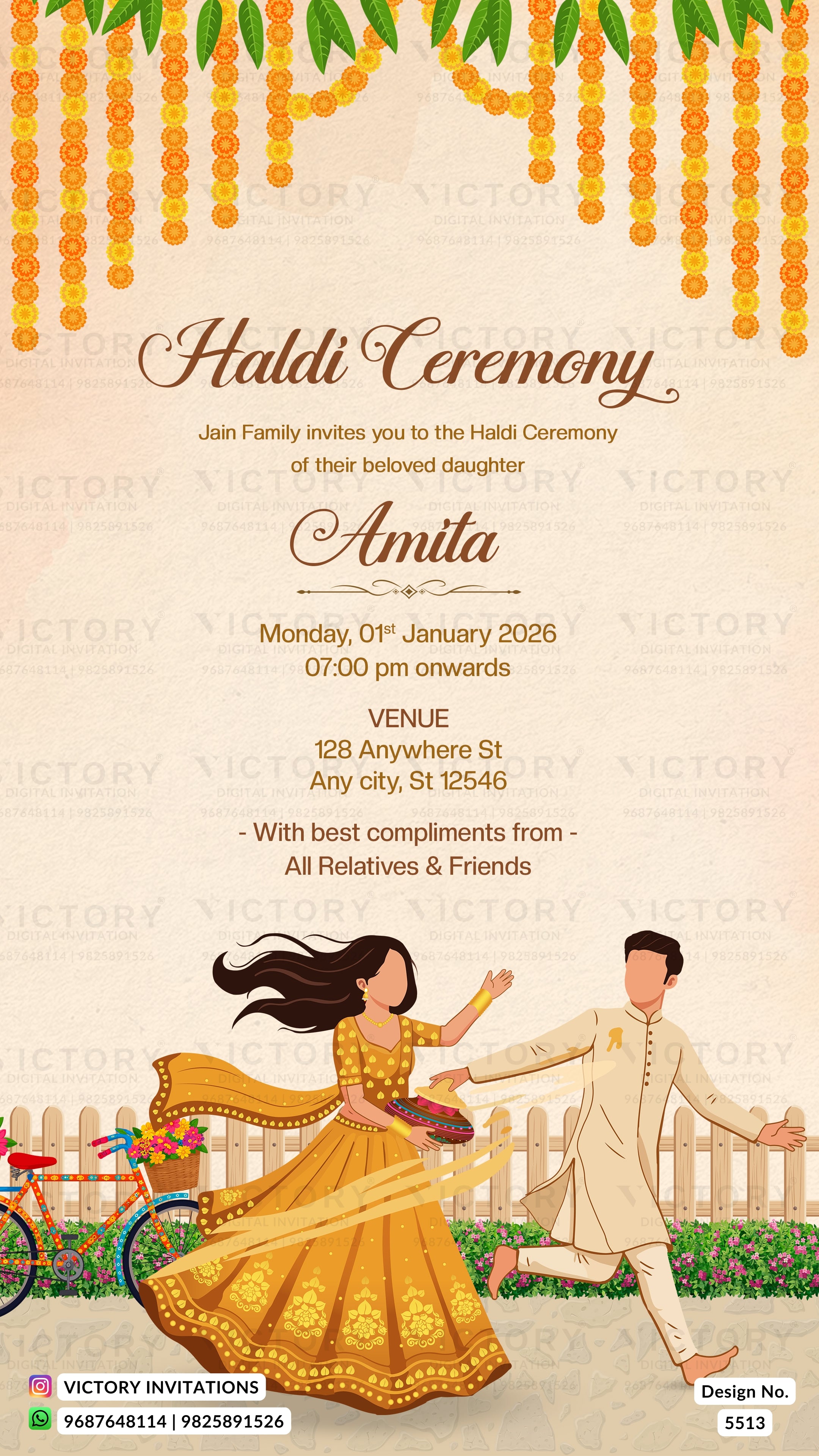 A digital Haldi Ceremony invitation card featuring a festive design with yellow marigold garlands, a cartoon illustration of a boy in a white kurta and a girl in a yellow traditional dress, and event details on a beige textured background.
