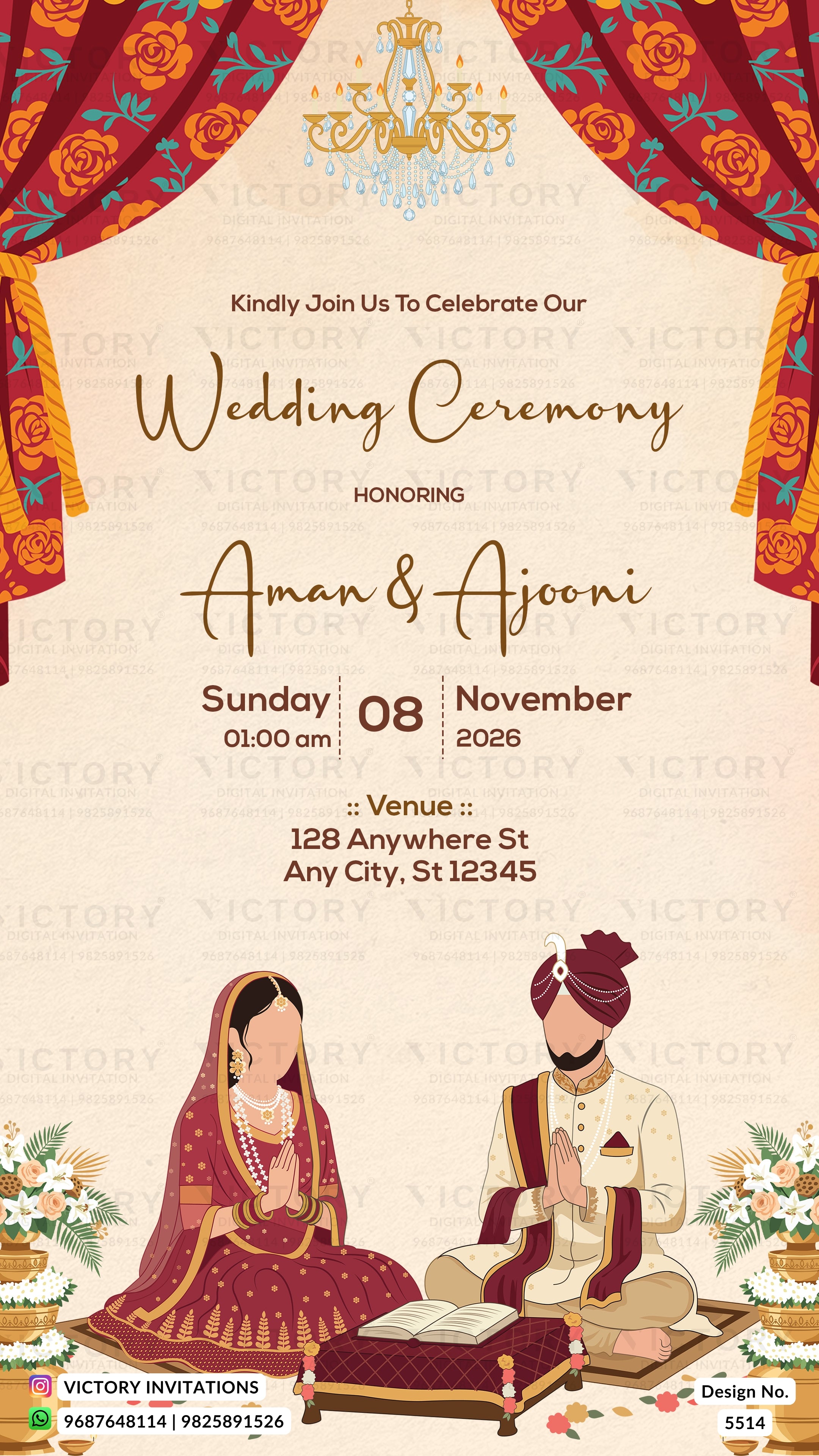 A wedding invitation card design featuring a traditional Indian theme. The card has a cream-colored background with elegant gold and brown script text reading 'Wedding Ceremony' and 'HONORING Aman & Ajooni'.
