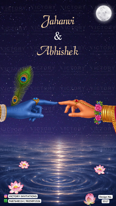 A festive wedding invitation design featuring two hands reaching toward each other over rippling water under a full moon. One hand is blue with a peacock feather, and the other is gold with floral details.