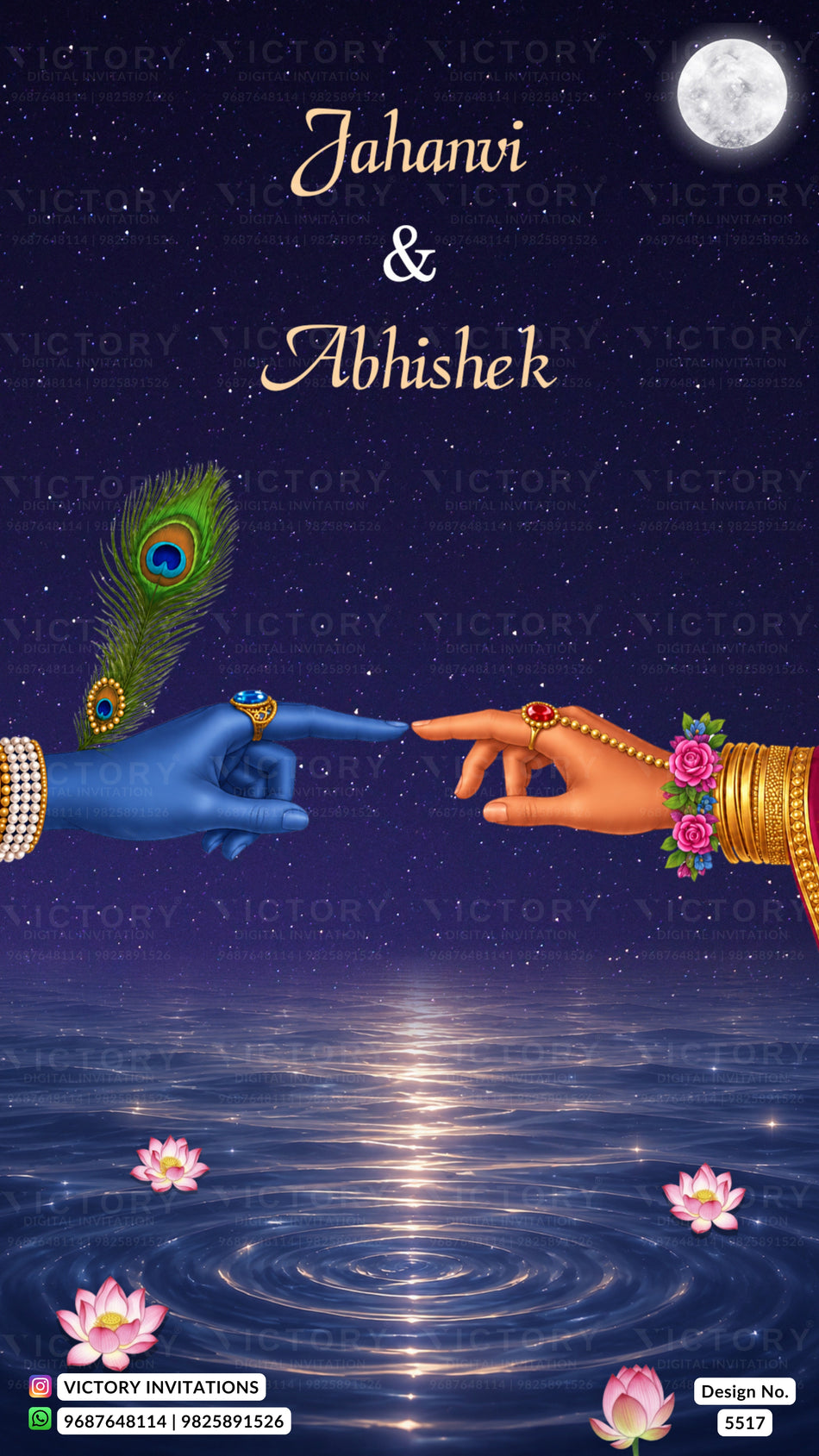 A festive wedding invitation design featuring two hands reaching toward each other over rippling water under a full moon. One hand is blue with a peacock feather, and the other is gold with floral details.