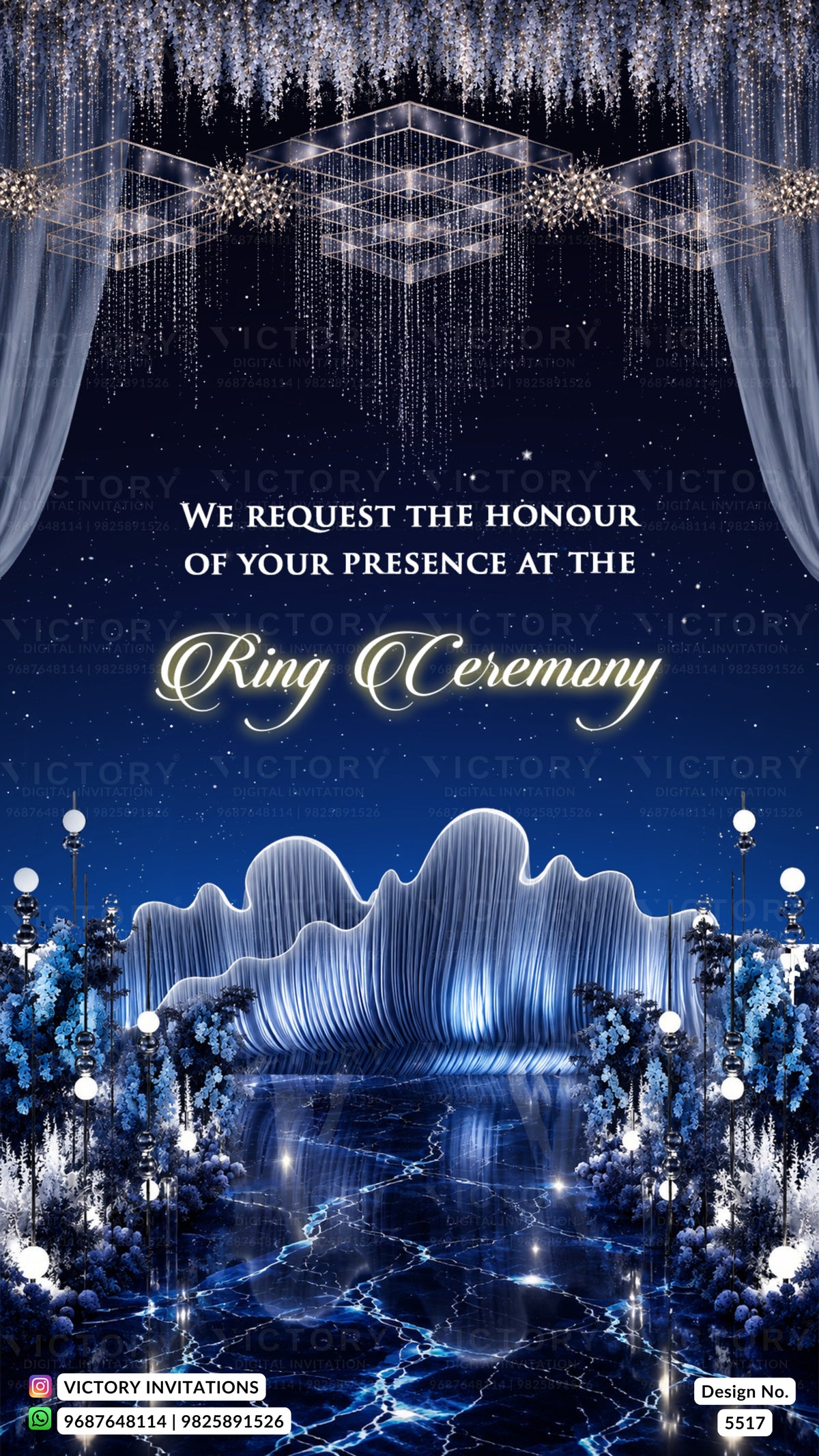 A digital invitation template for a ring ceremony, featuring a luxurious blue and white theme. The top portion shows hanging silver crystal drapes and geometric light structures against a starry night sky.