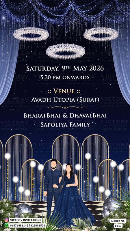 A digital invitation card for an event, featuring a dark navy blue background with elegant gold arches, hanging crystal chandeliers, and a couple in blue formal wear at the bottom. The text details the event date, time, venue, and families on Saturday, 9th May 2026 at 5:30 PM.