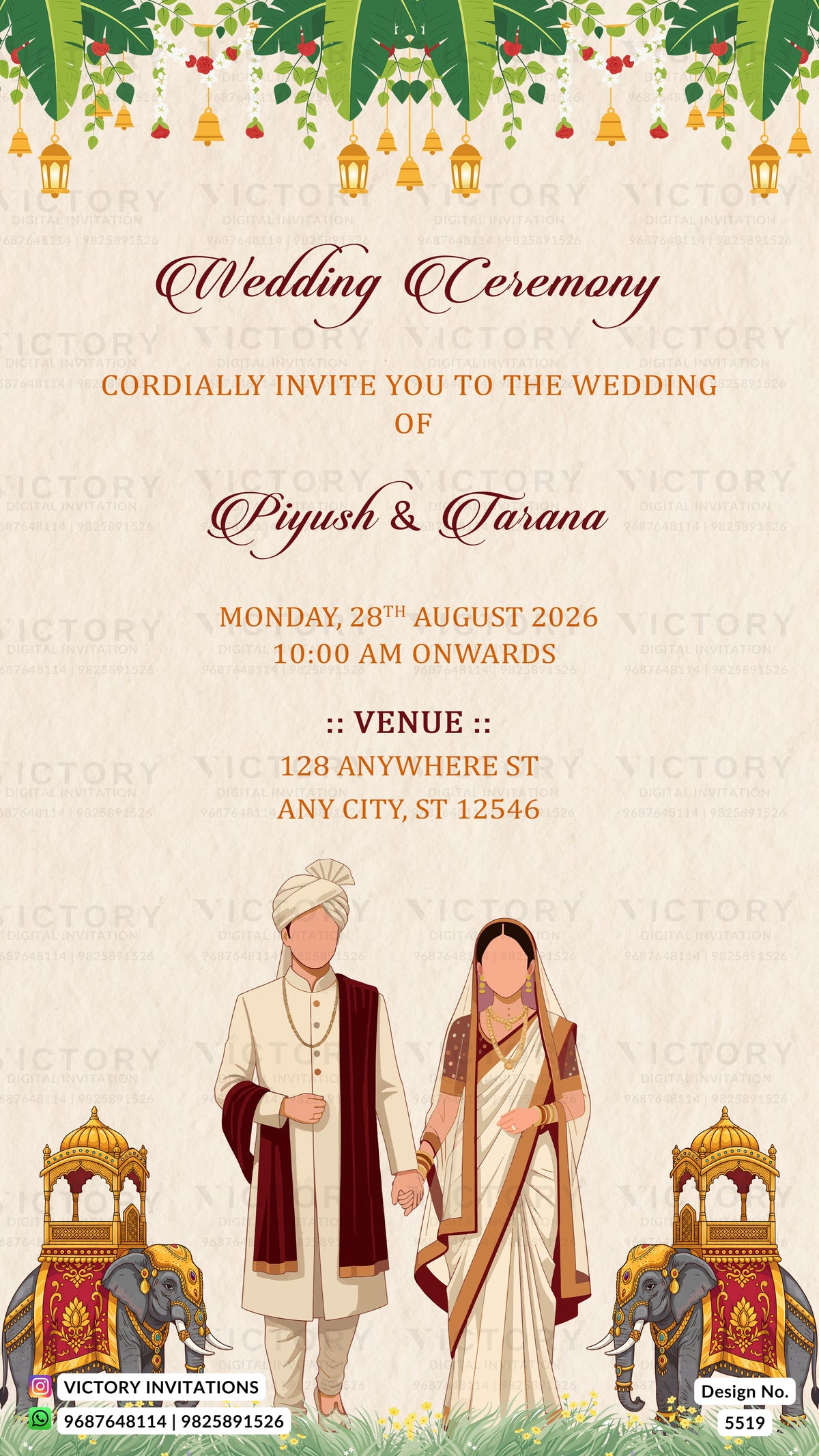 A digital wedding invitation card template featuring a traditional South Asian theme. The design has a warm beige background with a decorative border of green leaves, hanging brass lamps, and red flowers at the top.
