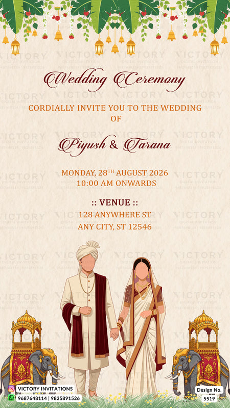 A digital wedding invitation card template featuring a traditional South Asian theme. The design has a warm beige background with a decorative border of green leaves, hanging brass lamps, and red flowers at the top.