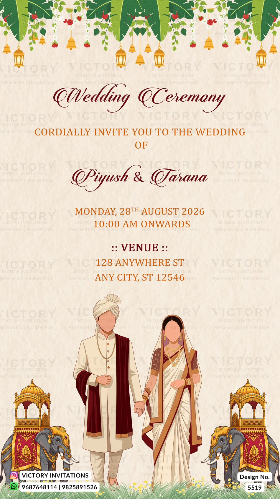 A digital wedding invitation card template featuring a traditional South Asian theme. The design has a warm beige background with a decorative border of green leaves, hanging brass lamps, and red flowers at the top.