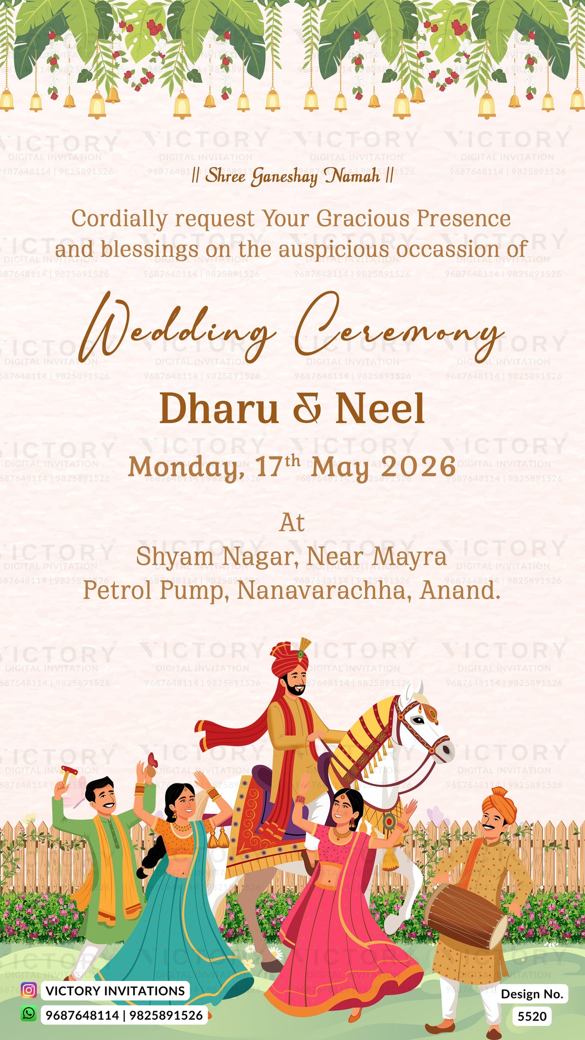 A digital Indian wedding invitation card design featuring a traditional Punjabi theme. The card has a cream-colored background with elegant gold and brown text, decorated with a festive green and gold garland at the top and a colorful illustration of traditional wedding guests at the bottom.