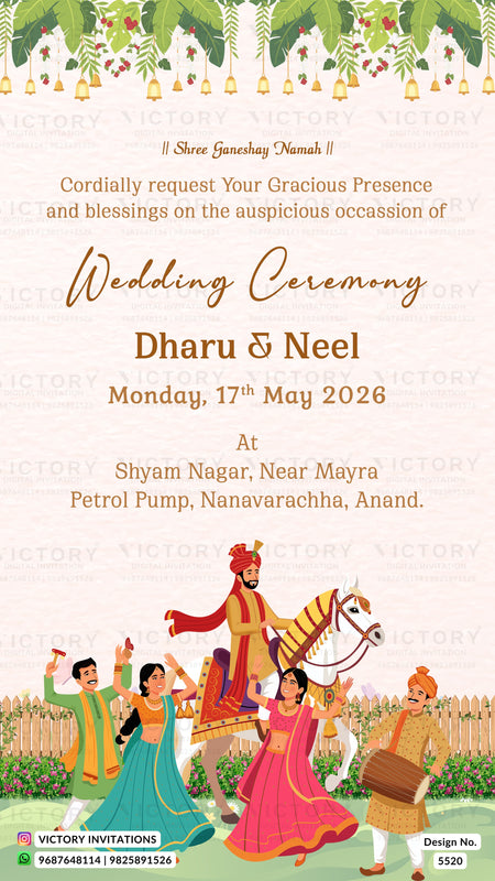 A digital Indian wedding invitation card design featuring a traditional Punjabi theme. The card has a cream-colored background with elegant gold and brown text, decorated with a festive green and gold garland at the top and a colorful illustration of traditional wedding guests at the bottom.