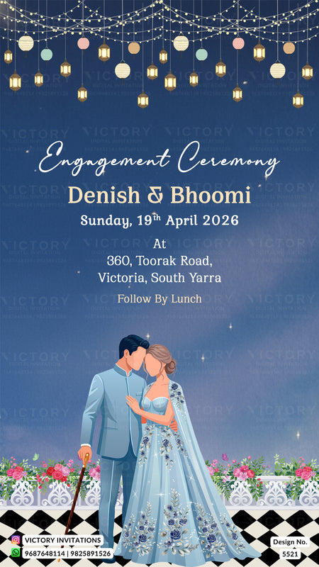 Engagement ceremony invitation card featuring a romantic illustration of a couple under hanging string lights, with event text reading 'Denish & Bhoomi' and venue details on a blue gradient background.