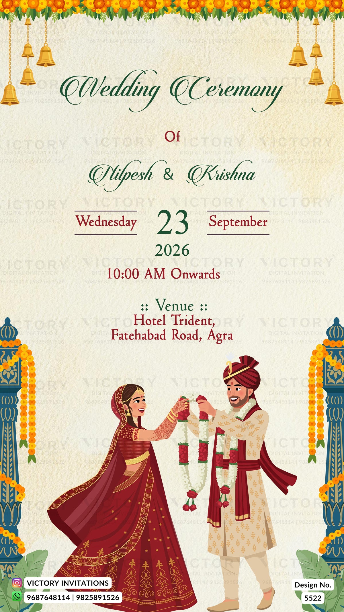 A digital Indian wedding invitation card design featuring a traditional illustration of a bride in a red marigold lehenga and a groom in a cream kurta with a red turban, exchanging a garland. The text details the wedding of Nipesh & Krishna on Wednesday 23 September 2026 at 10:00 AM onwards, held at Hotel Trident, Fatehabad Road, Agra.