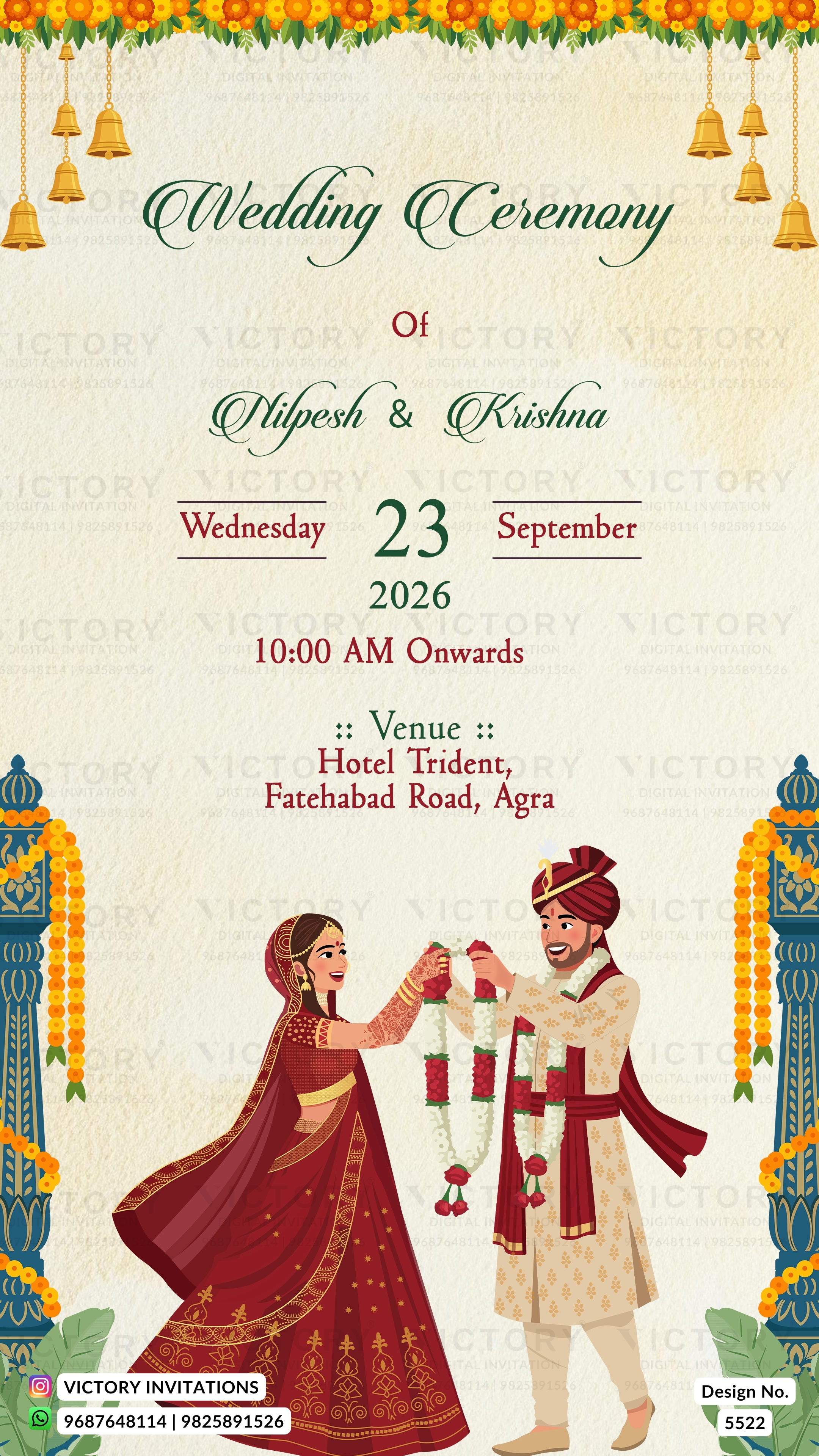 A digital Indian wedding invitation card design featuring a traditional illustration of a bride in a red marigold lehenga and a groom in a cream kurta with a red turban, exchanging a garland. The text details the wedding of Nipesh & Krishna on Wednesday 23 September 2026 at 10:00 AM onwards, held at Hotel Trident, Fatehabad Road, Agra.