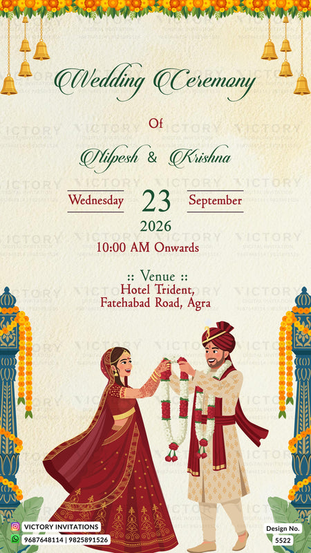 A digital Indian wedding invitation card design featuring a traditional illustration of a bride in a red marigold lehenga and a groom in a cream kurta with a red turban, exchanging a garland. The text details the wedding of Nipesh & Krishna on Wednesday 23 September 2026 at 10:00 AM onwards, held at Hotel Trident, Fatehabad Road, Agra.