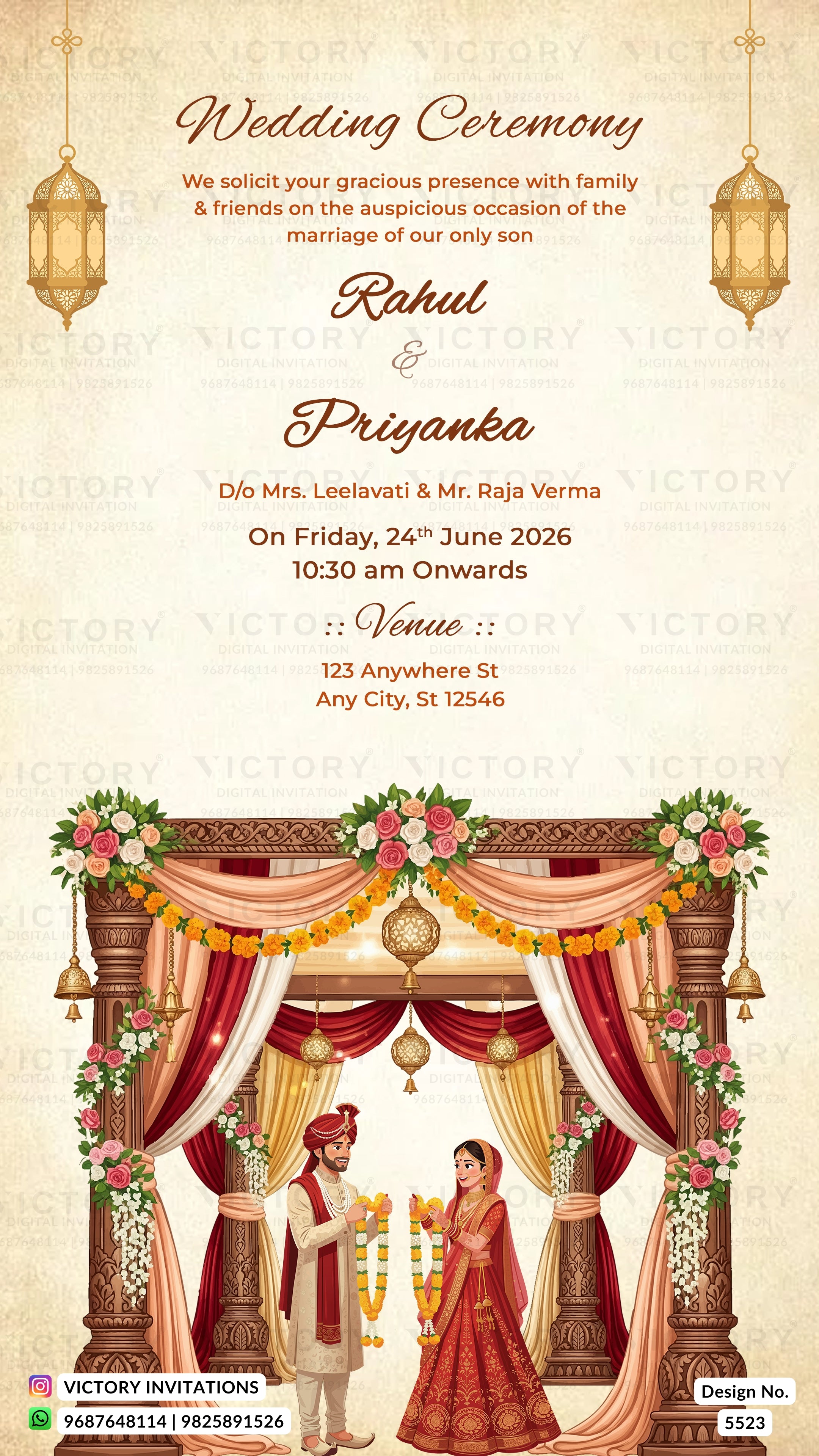 A wedding invitation card design with elegant typography at the top and an illustrated traditional Indian wedding arch (mandar) scene at the bottom. The card has a warm beige background with red and gold decorative elements, hanging lanterns, floral garlands, and a couple standing under the arch.